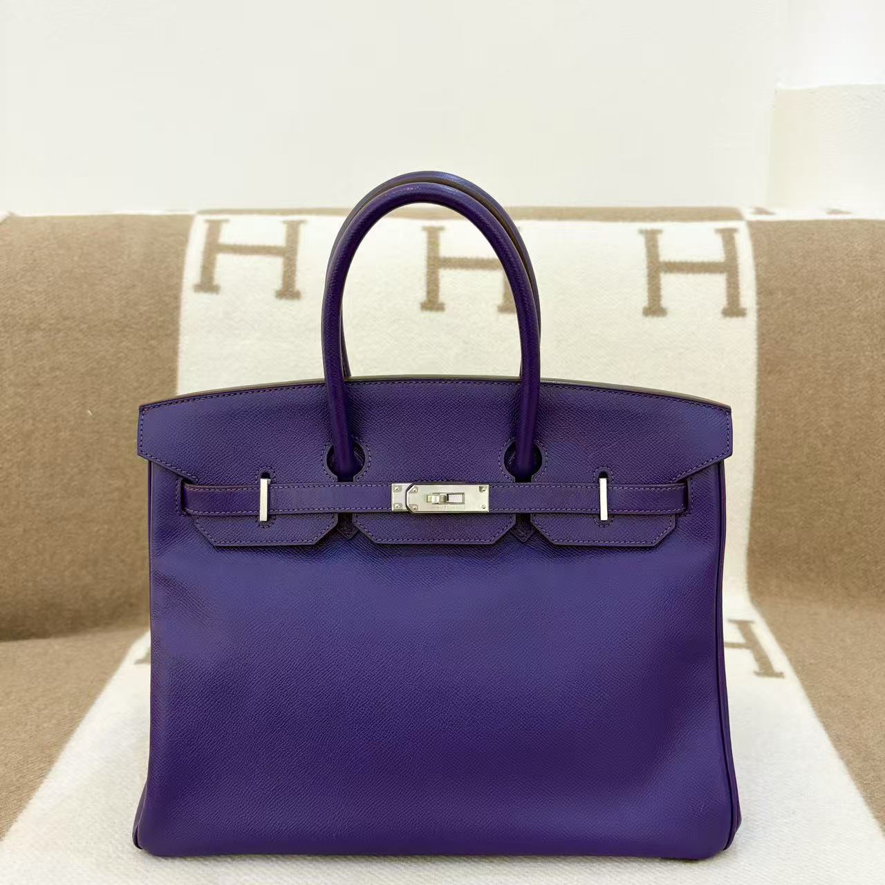 99新 Hermes/爱马仕 birkin35 鸢尾紫银扣 epsom皮 框N刻