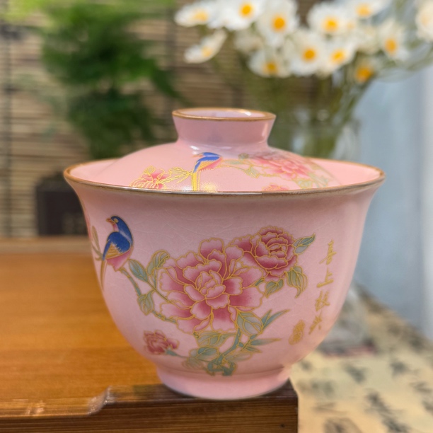 粉汝二才盖碗鸟牡丹开片110毫升