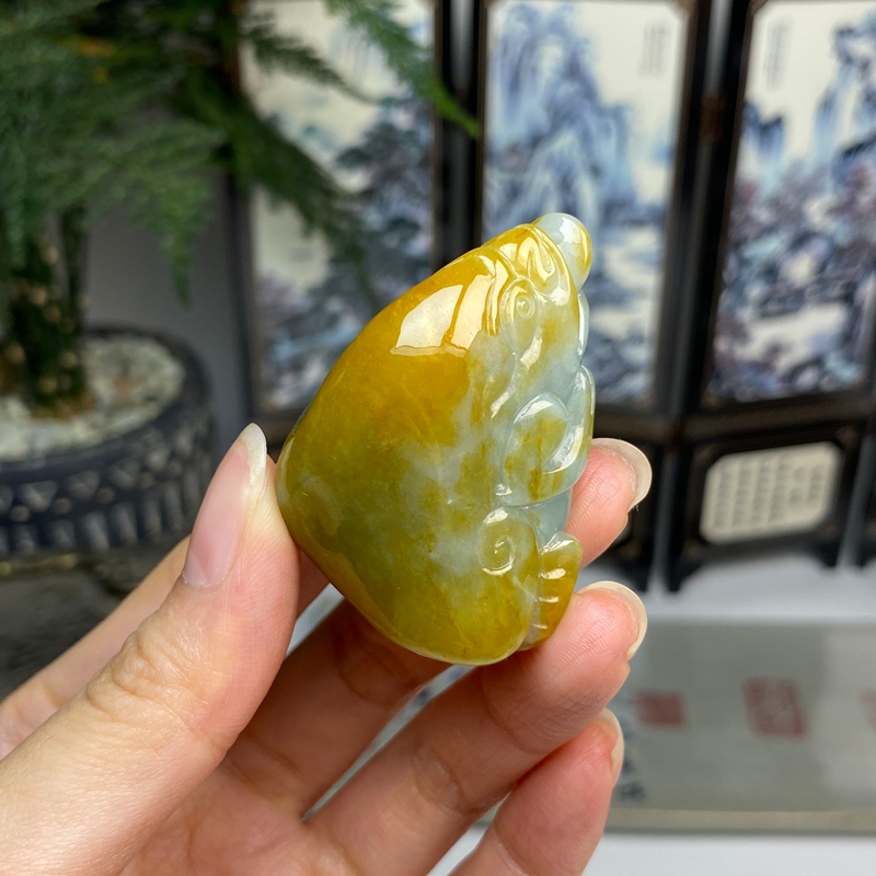 黄翡双彩满色蟾蜍金蟾挂件摆件 天然翡翠A货 
