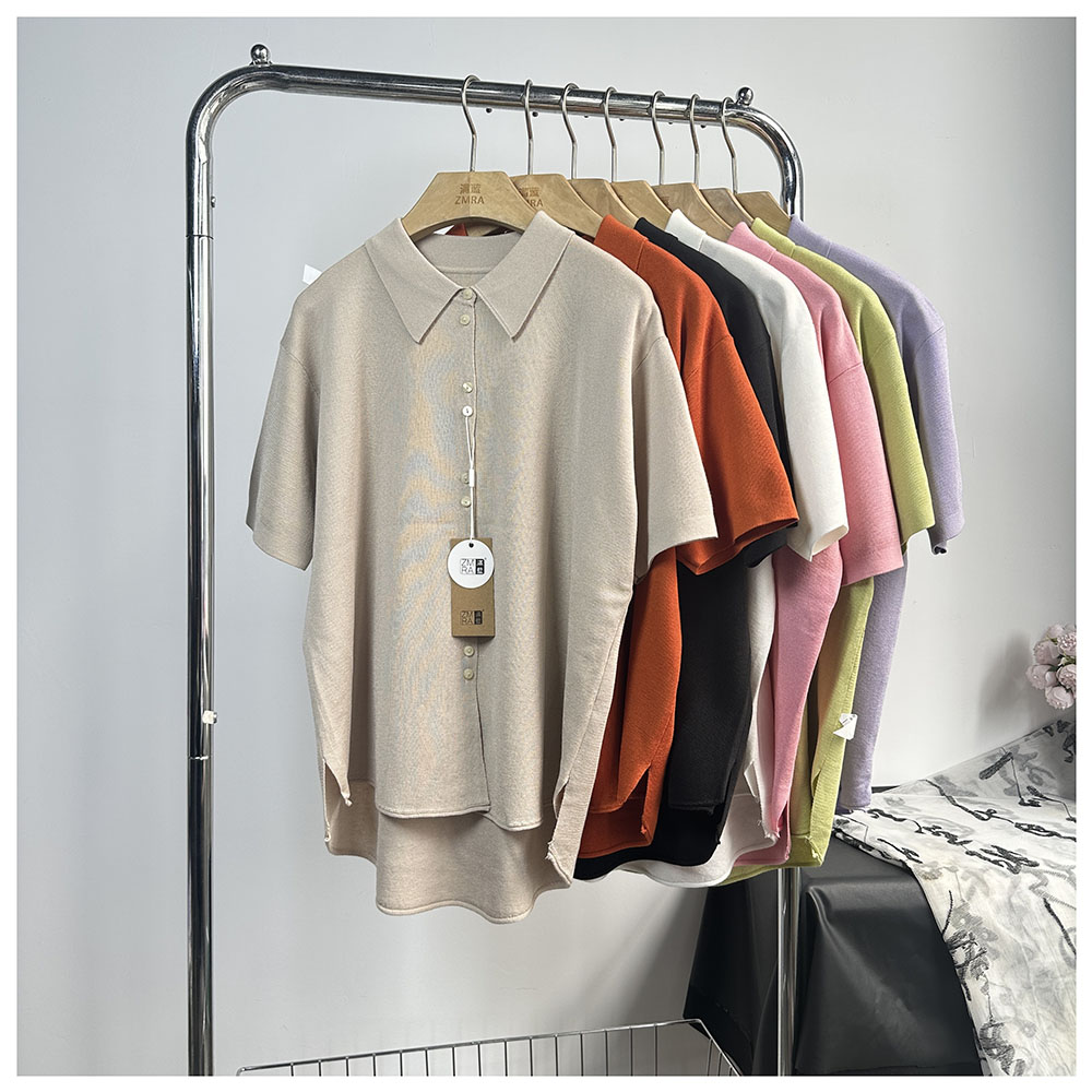 M031   夏季新款纯色宽松翻领短袖针织T恤女