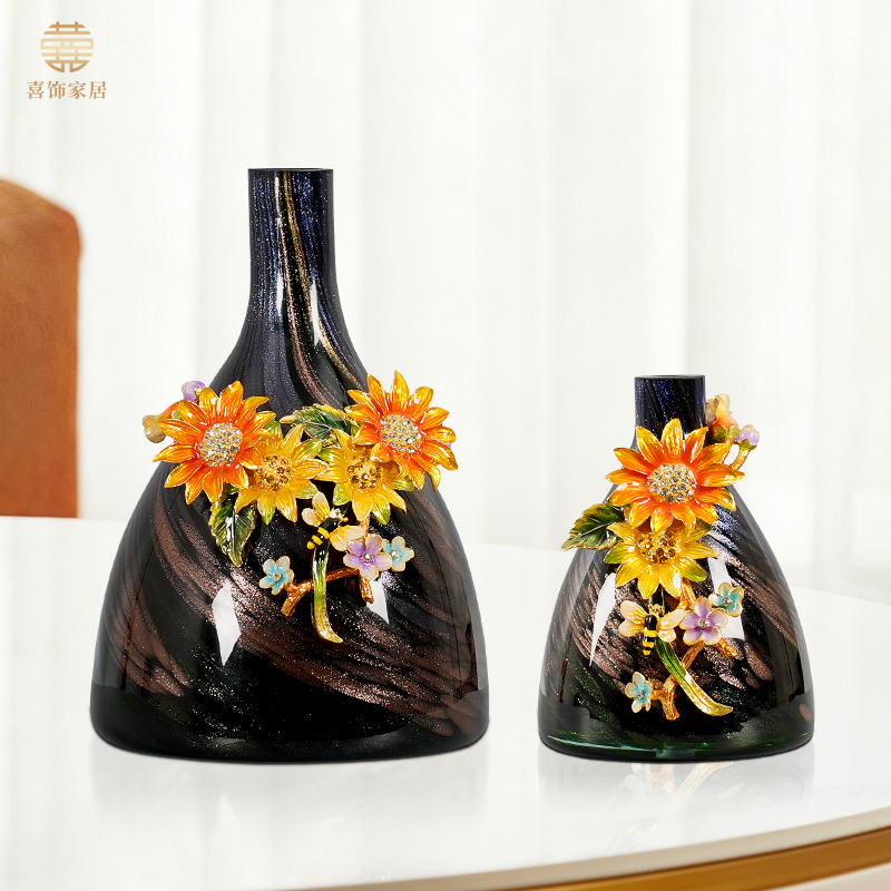 轻奢珐琅彩琉璃向日葵花瓶摆件客厅玄关干高档乔迁礼品装饰品摆件