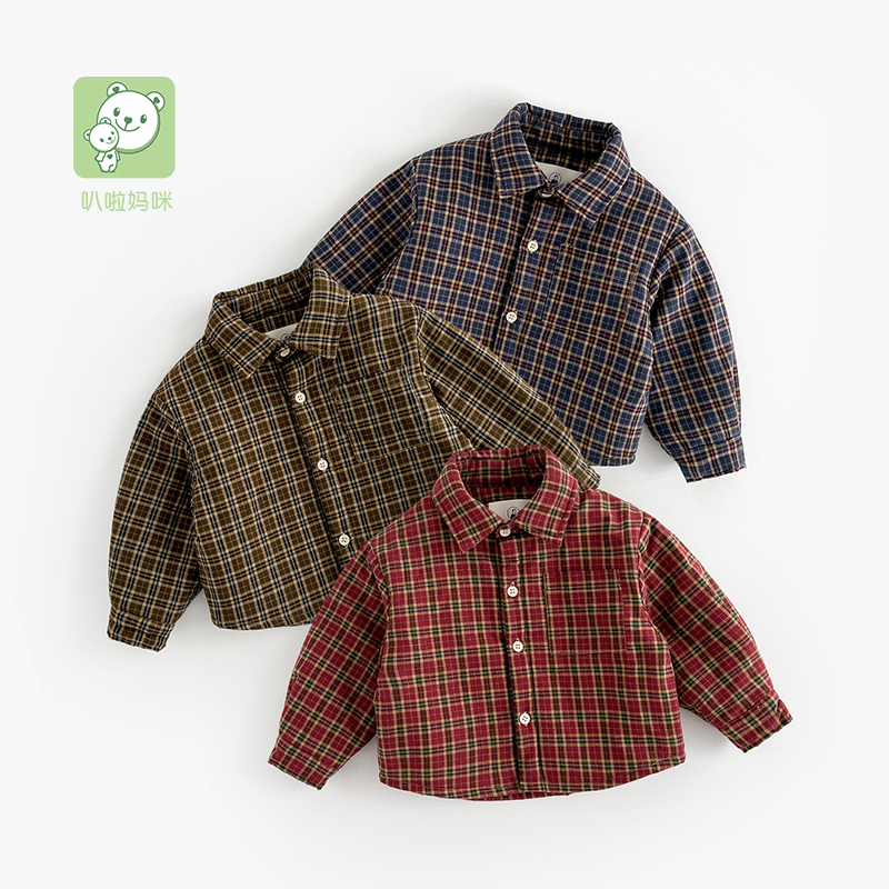 叭啦妈咪儿童夹棉衬衫外套2025秋冬新款男宝时尚外套潮hqm4018