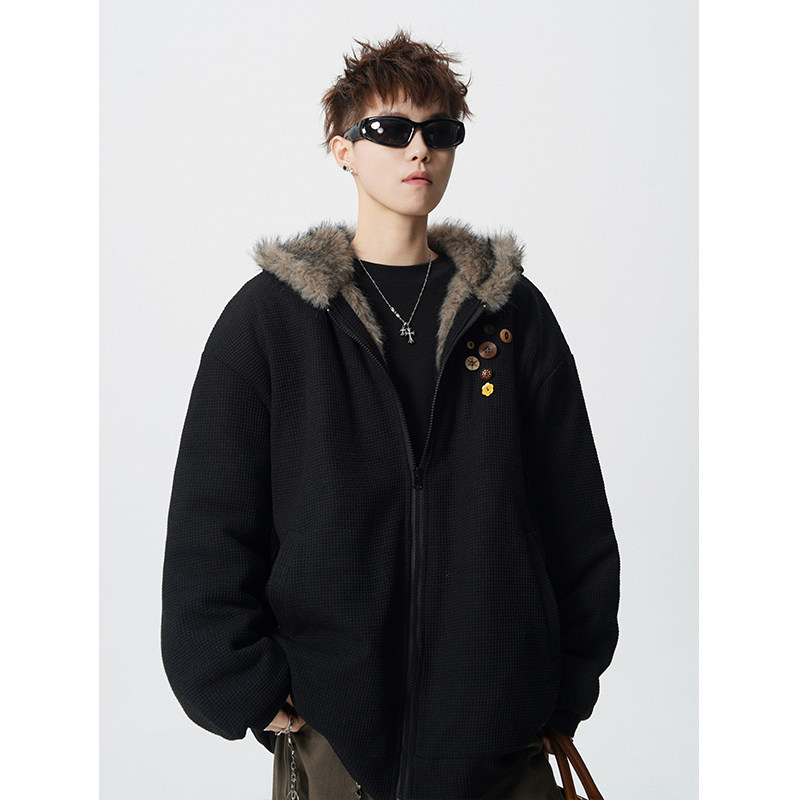 冬季男士美式复古座山雕毛领加厚保暖棉服男款男士皮毛一体棉衣