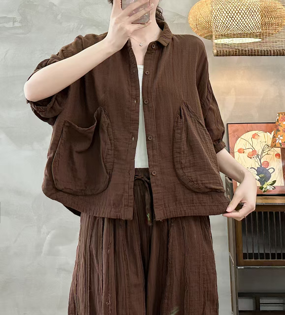 棉麻双层纱新款时尚百搭休闲气质纯色女士衬衫