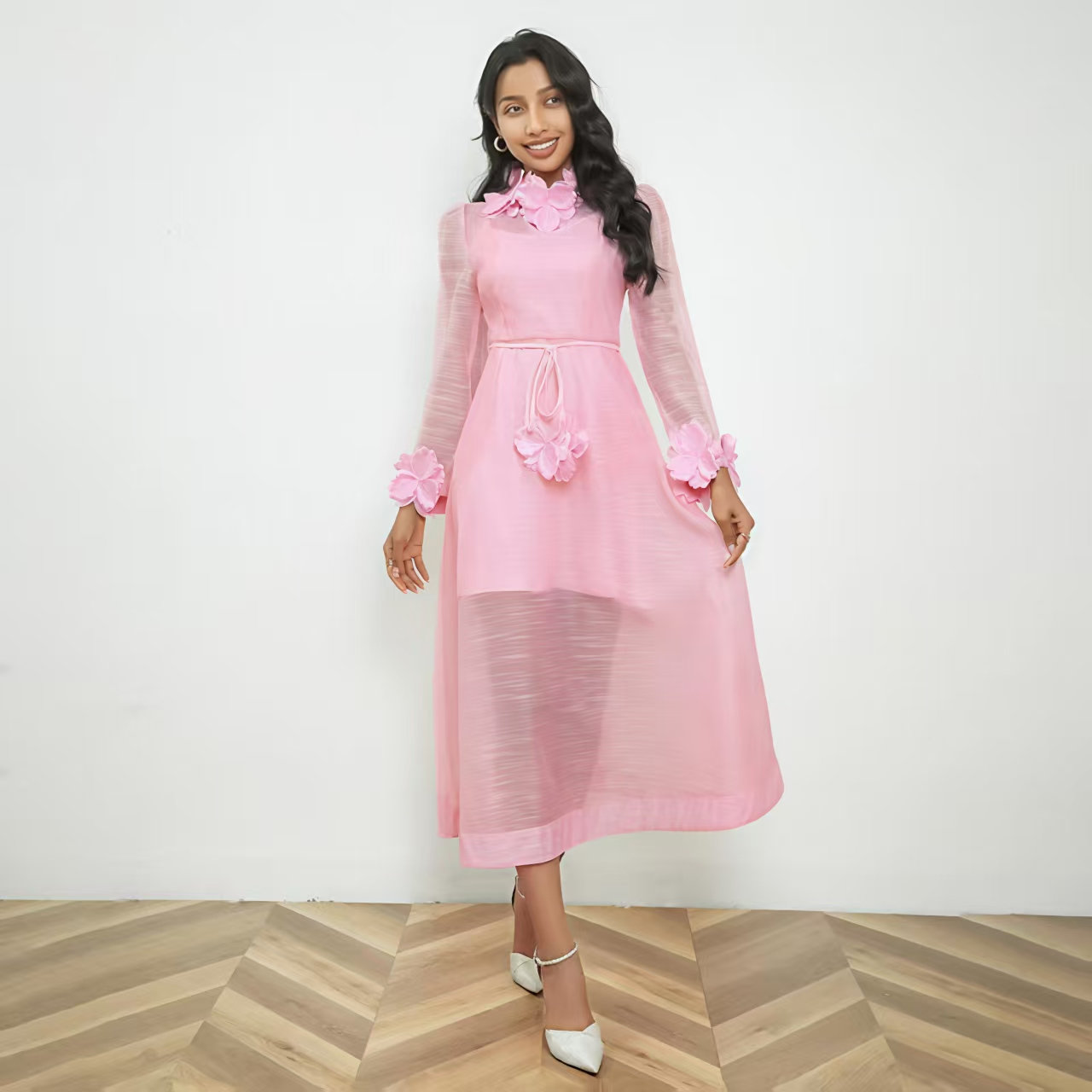 [依易原创]宫廷风轻奢纯色拼接立体花朵系带欧根纱连衣裙D0813