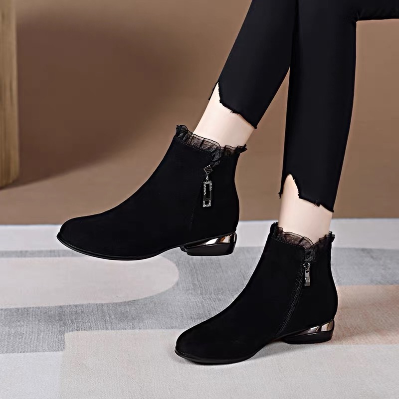 小短靴真皮圆头磨砂软羊皮2025新款及踝靴子女秋冬加绒软底妈妈鞋