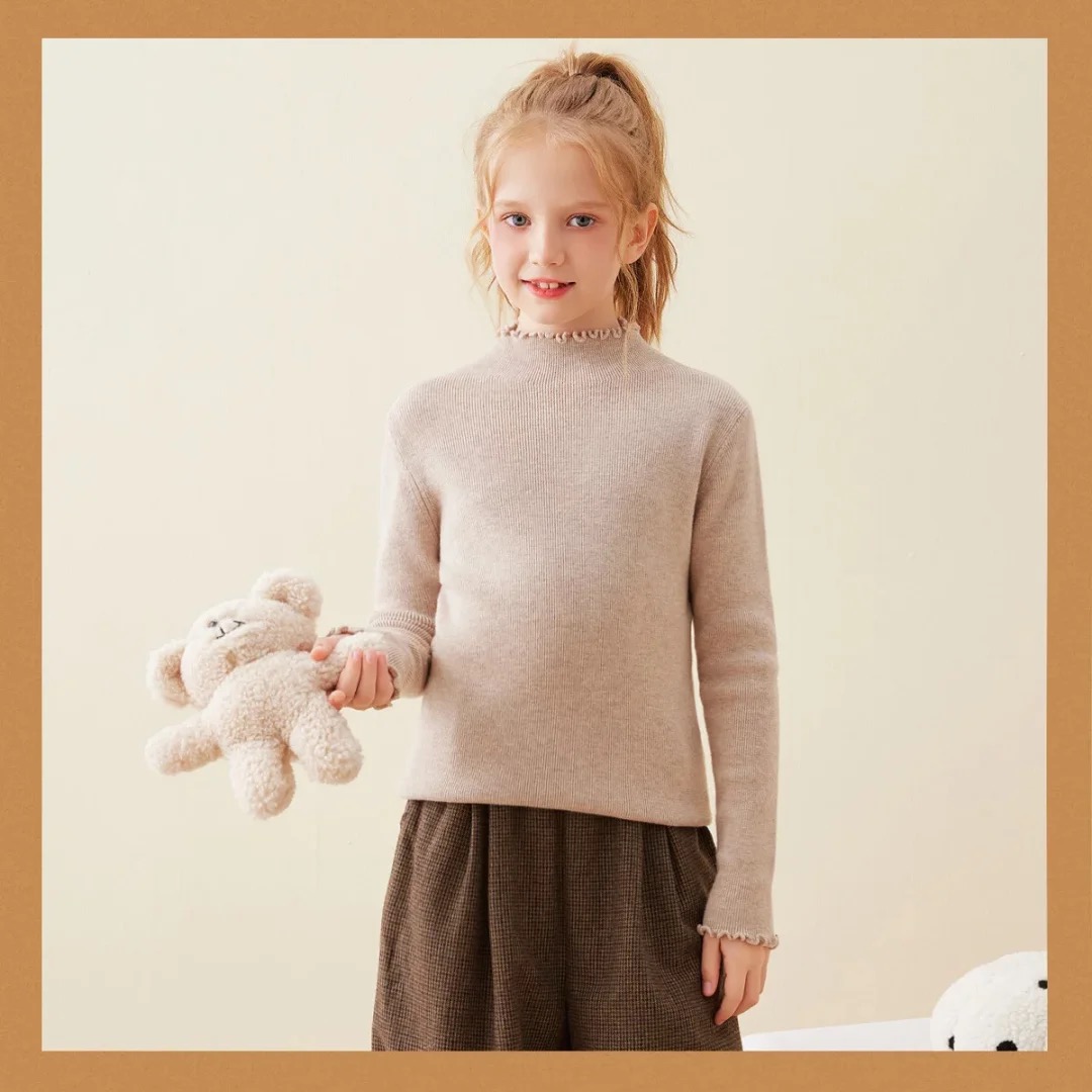 【100%精纺羊毛】半高波浪边卷边领针织打底衫秋冬纯色内搭毛衣