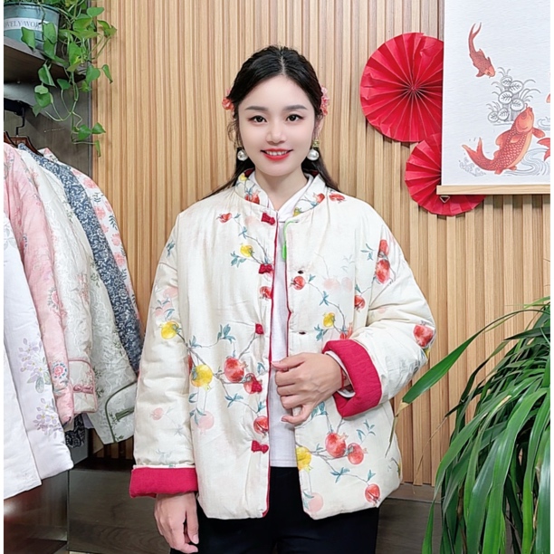 【榴红似火】新中式双面穿宽松加厚保暖立领秋冬女装棉服外套