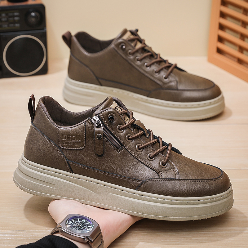 冬季新款中帮板鞋男百搭加绒高帮运动休闲鞋皮面软底鞋子男韩版