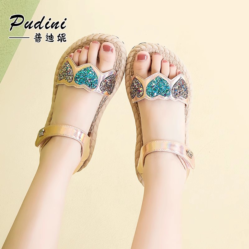 普迪妮夏季幻彩拼接平底网红时尚儿童凉鞋200-23