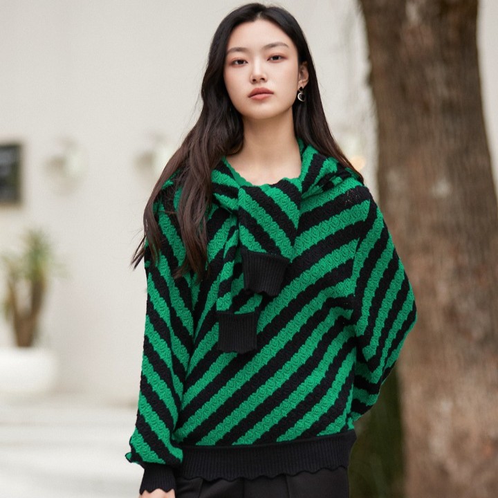 【力力淘】M733303325曼德诗绿黑条纹卫衣针织慵懒风时尚圆领