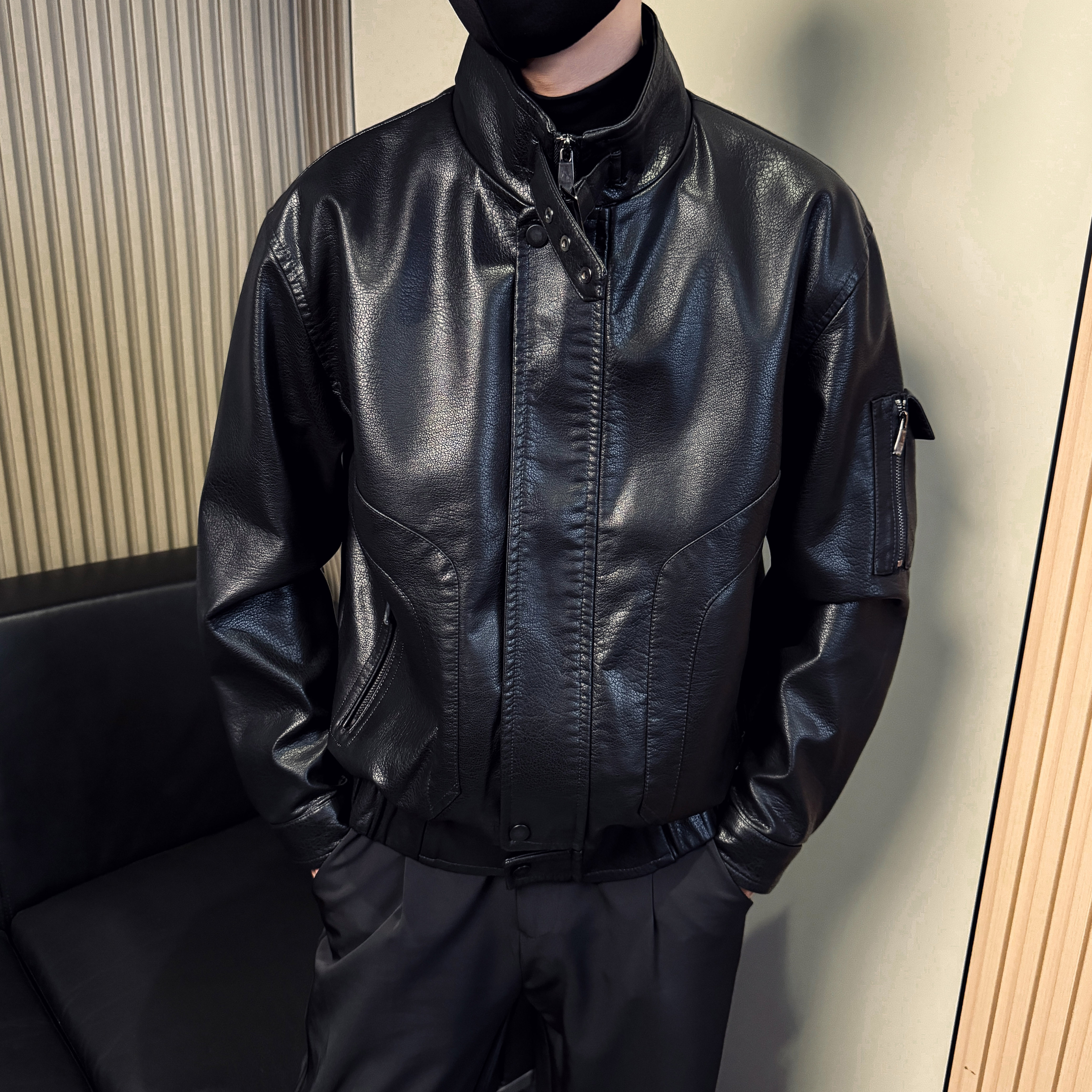 5812 秋冬季新款拉链口袋机车皮衣男外套潮流立领青年帅气皮夹克