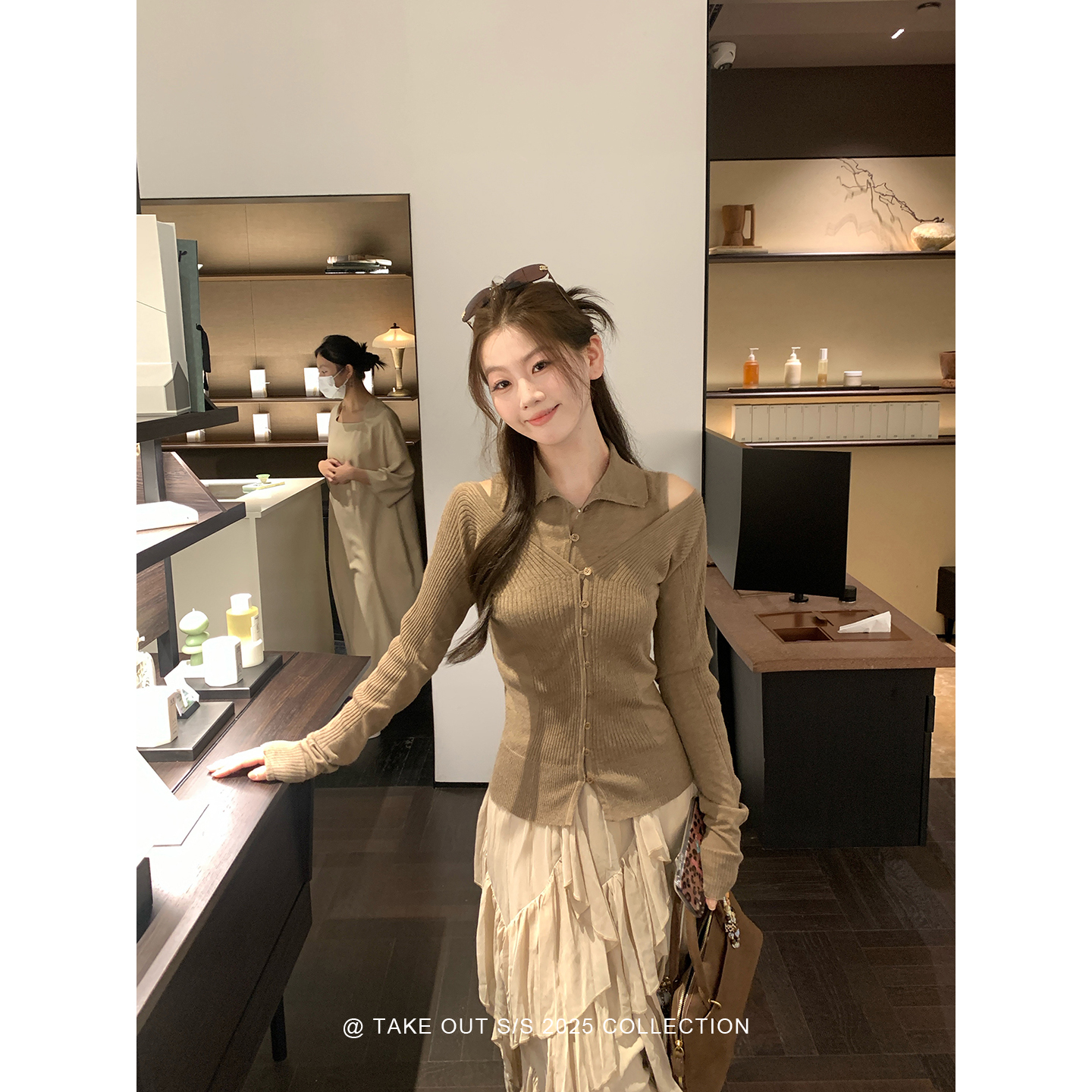 外卖到了【夹心曲奇】软糯翻领修身长袖百搭上衣针织两件套WM5HZZ10