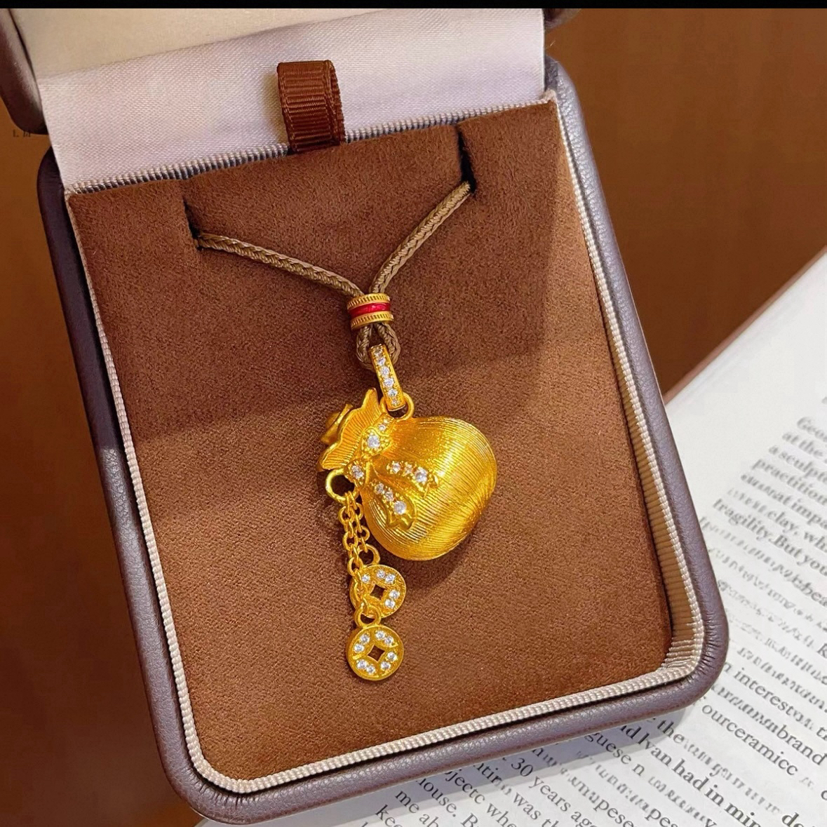 合金吊坠 新中式国风｜点钻拉丝流苏蝴蝶结福袋吊坠项链