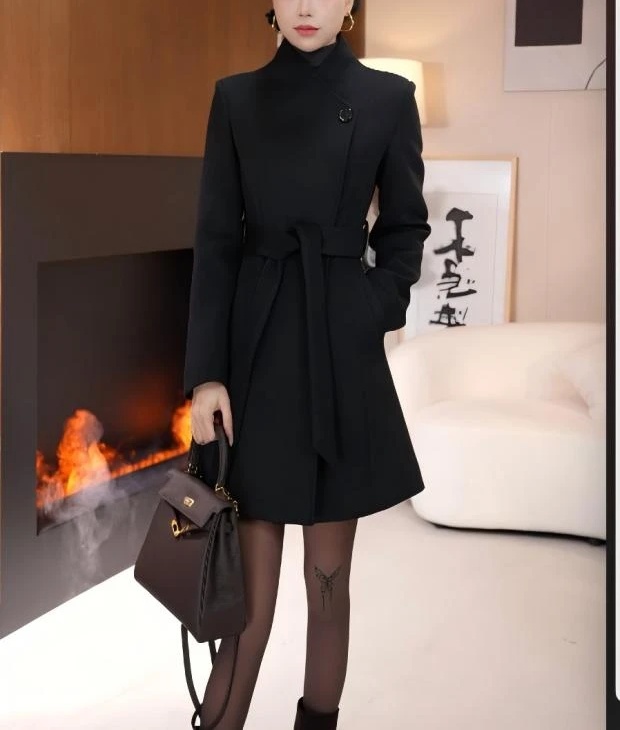 秋冬韩版女正肩袖毛呢外套收腰气质羽绒羊毛大衣时尚百搭