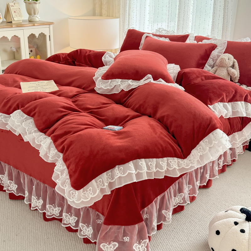 2025韩版纯色加厚牛奶绒四件套保暖双面绒床裙法兰绒蕾丝刺绣花边