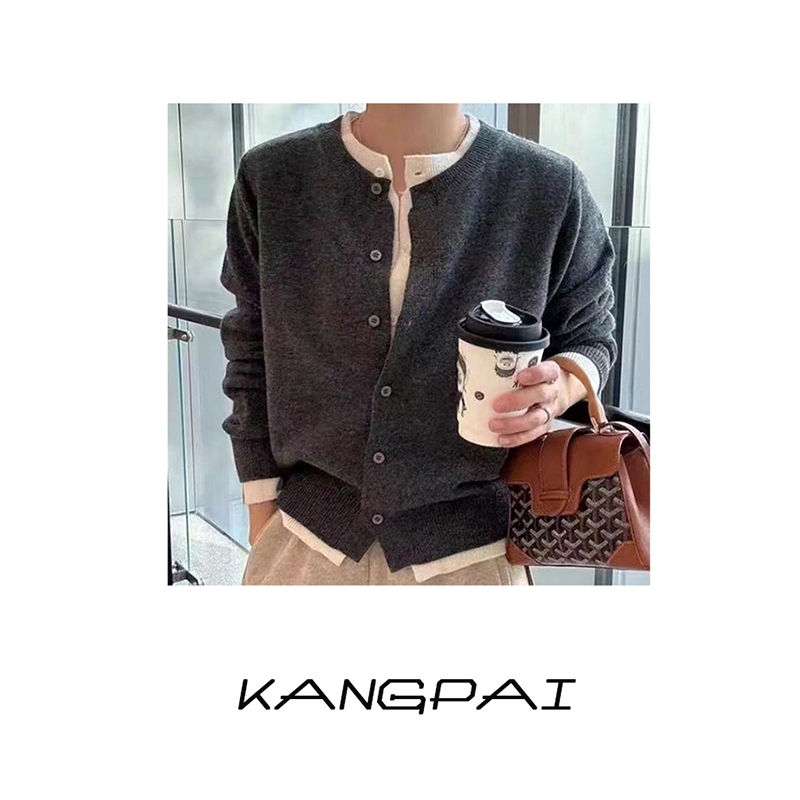 【格雷灰系】100%纯羊毛开衫小众设计感拼色假两件圆领针织外套上衣