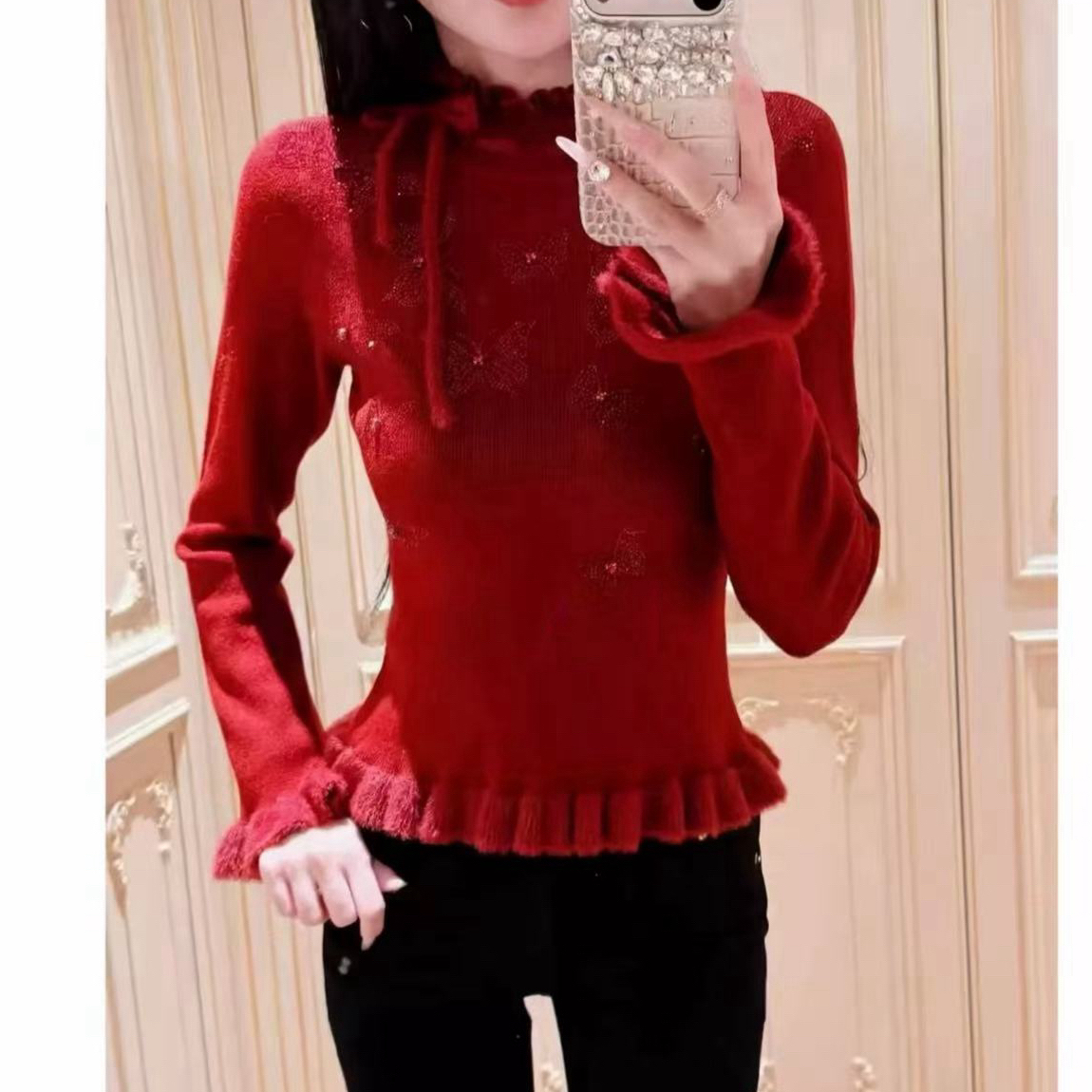 【海哥】时尚优雅气质木耳边多色针织上衣