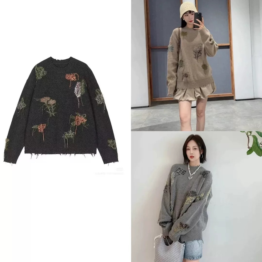 慵懒风流苏手工钩花圆领毛须破洞针织衫套头毛衣女