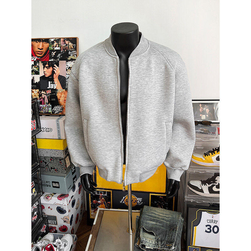 cleanfit灰色空气层棒球服男款春秋季美式复古高级感短款夹克外套