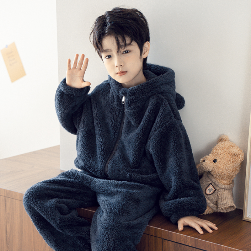 极简风休闲风韩版百搭家居服套装连帽冬款宝宝儿童睡衣秋冬加厚