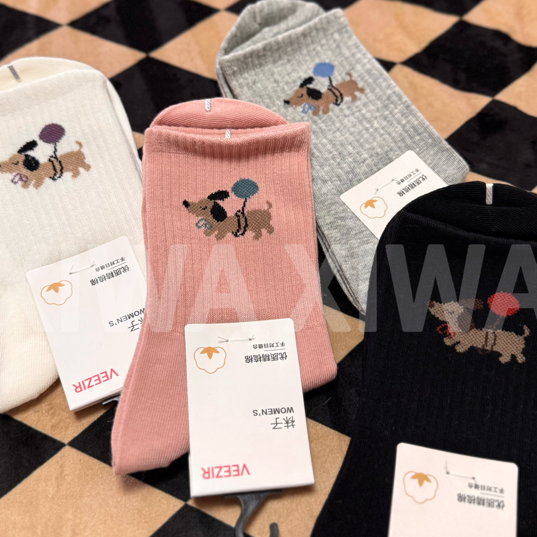 可爱狗狗女士四季透气百搭中筒袜学生韩版卡通纯棉日系ins精梳棉