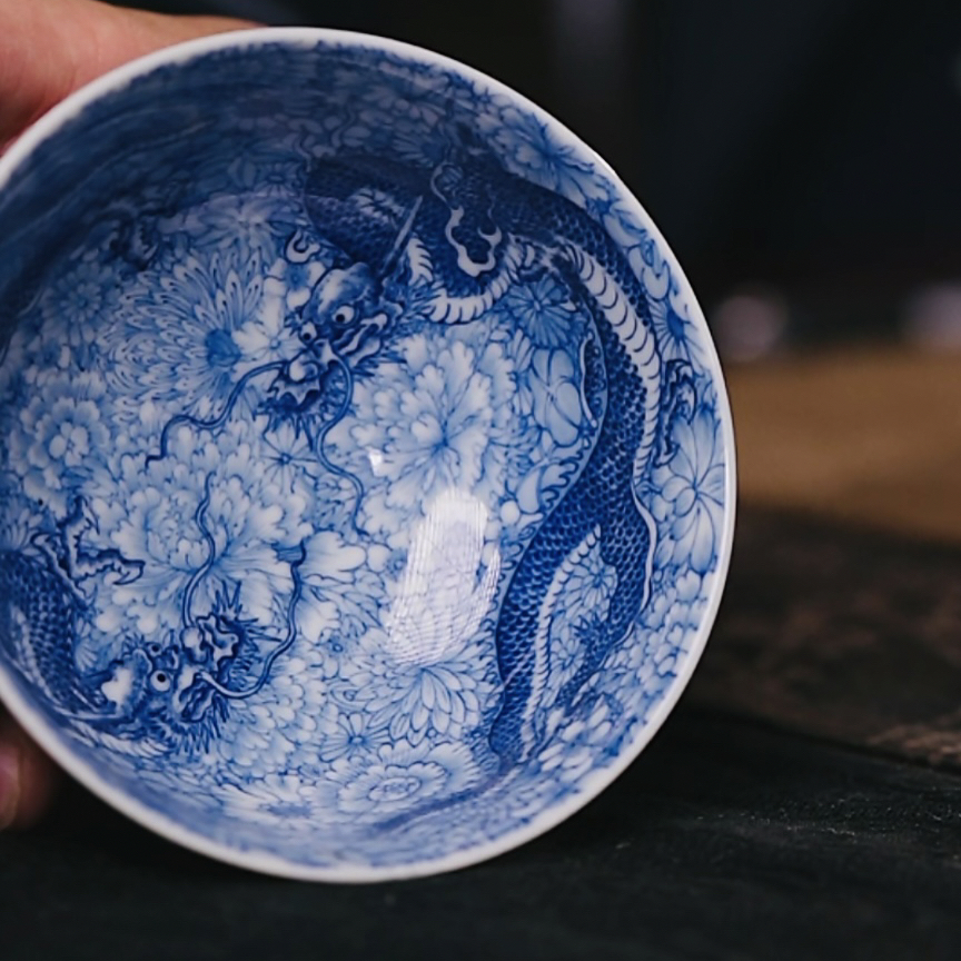 【黄老邪真选】澄怀堂｜青花重工内外绘万花双龙纹杯陶瓷茶杯主人杯