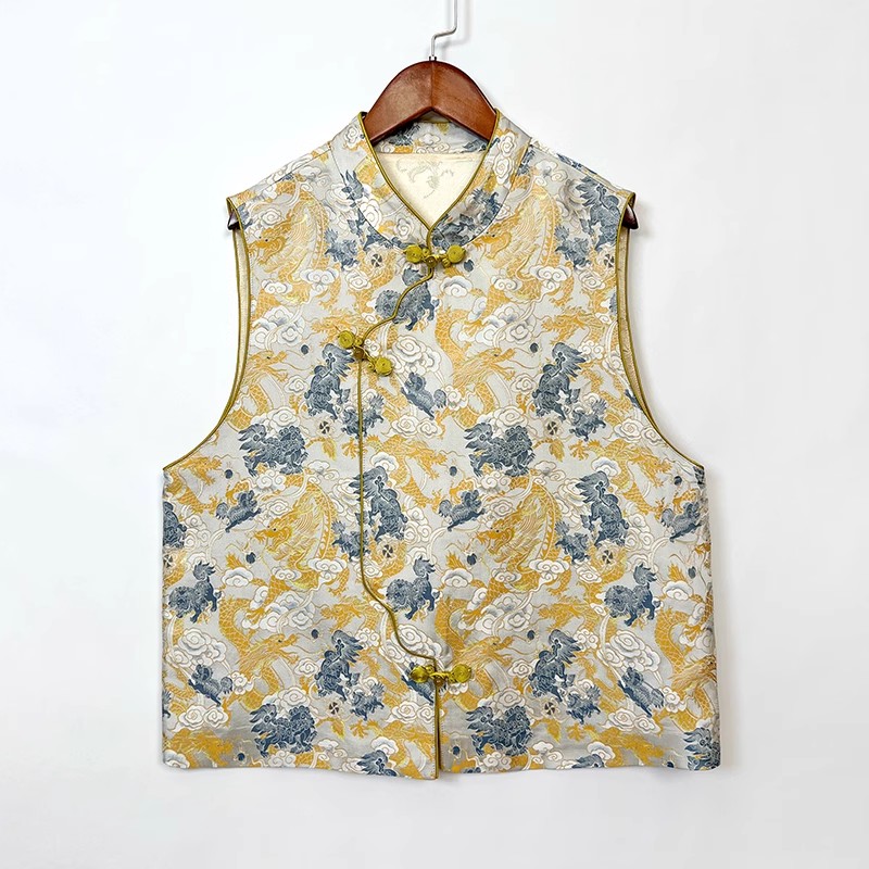 龙鳞祥瑞新中式国风宋锦马甲上衣桑蚕丝提花立领斜襟盘扣