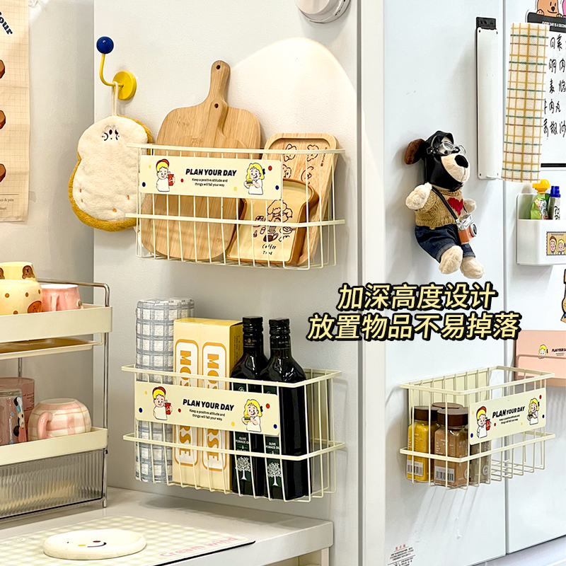 可爱冰箱磁吸置物架外侧面珐琅板保鲜膜袋卷纸巾架调味挂钩收纳筐