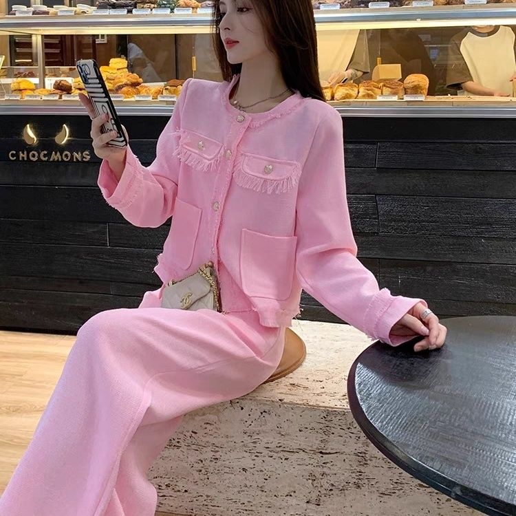 【现货】小香风粉色套装女春秋新款气质显瘦休闲高腰两件套