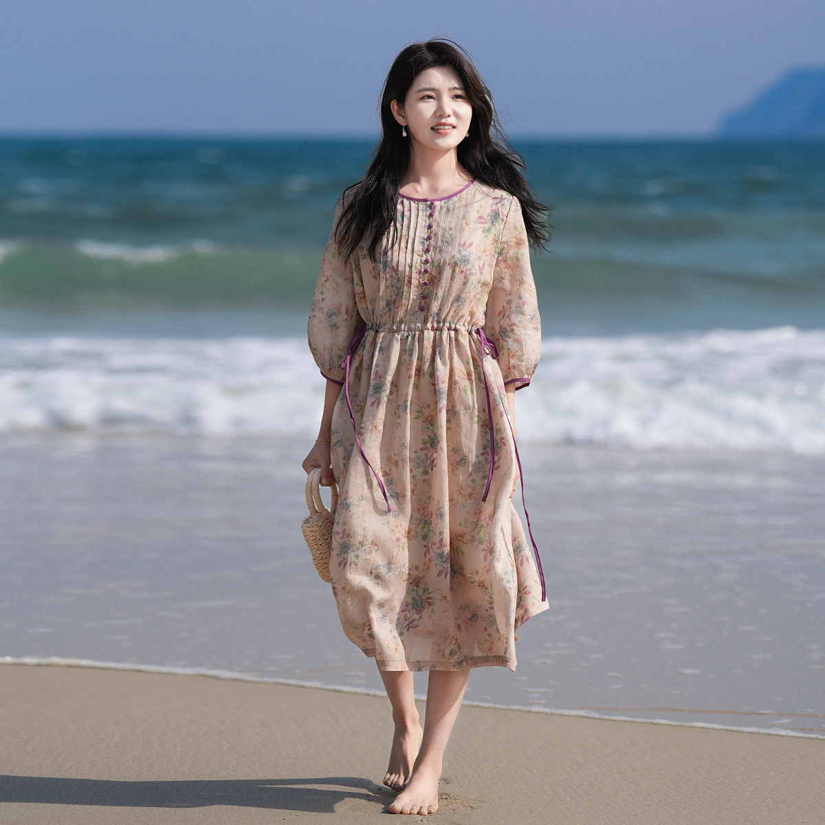 十五家25春夏新款苎麻印花收腰绑带显瘦小清新文艺气质长裙连衣裙