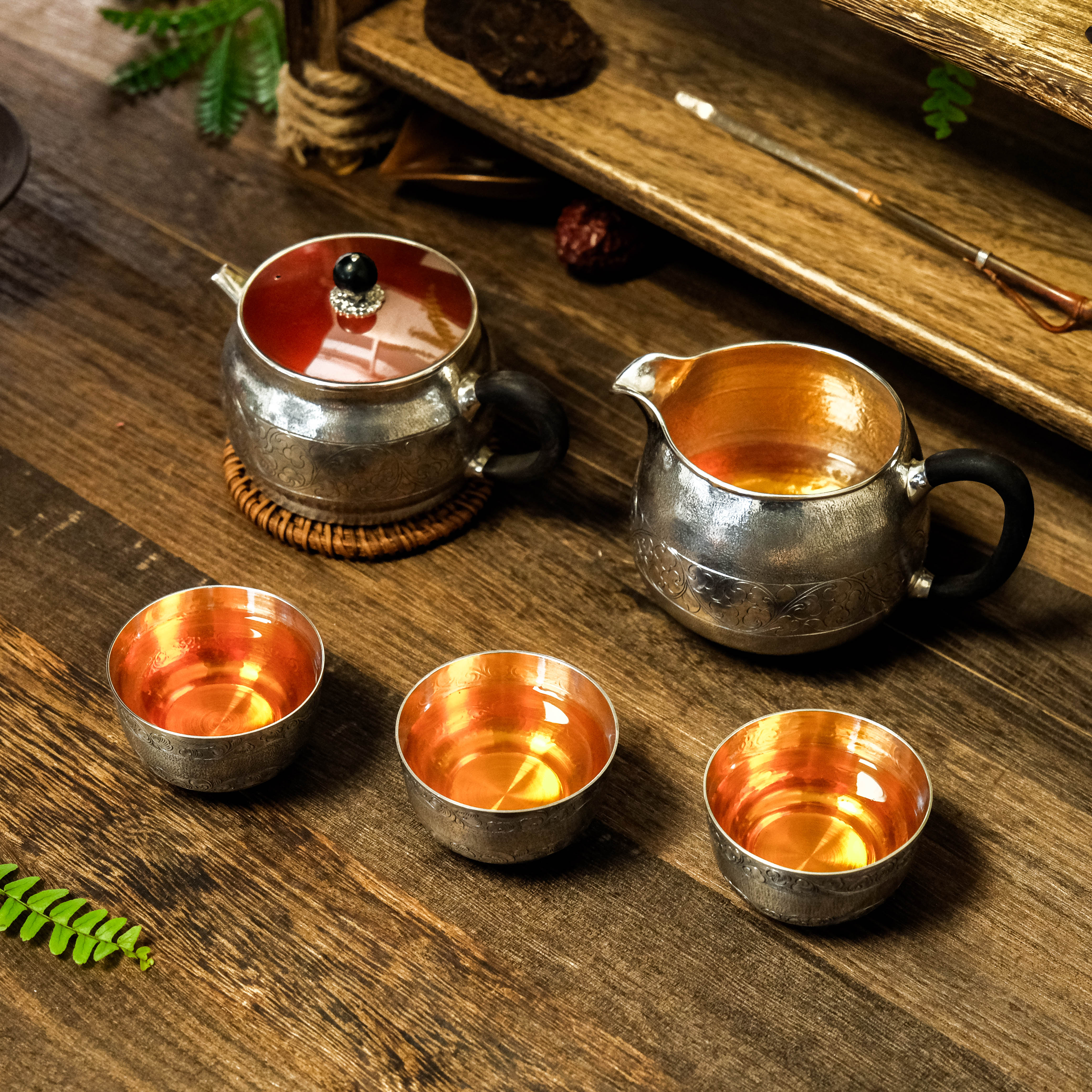 壶尔摩斯 繁花似锦套组一壶三杯一公道 足银999便携全手工茶具