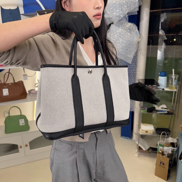 99新 Hermes/爱马仕 阿古叔叔/garden30花园z刻 熊猫拼帆布