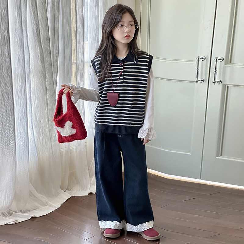 女童秋装套装2025新款儿童韩版洋气条纹马甲中大童牛仔裤子三件套