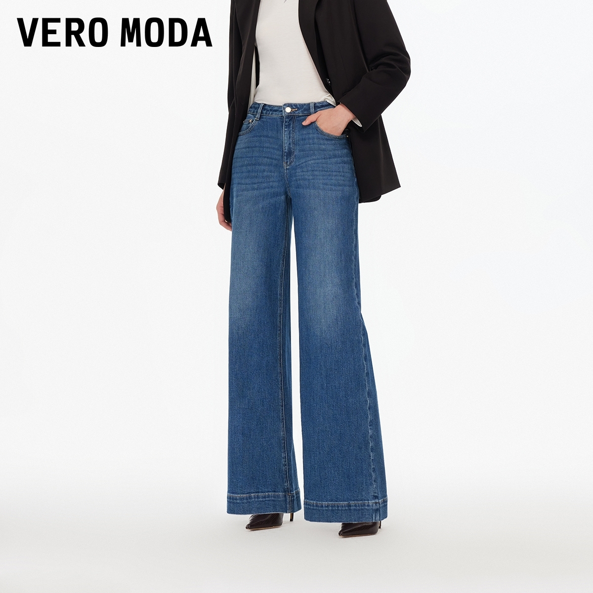 Vero Moda牛仔裤女装2025秋季新款含棉水洗阔腿裤复古摩登老钱风