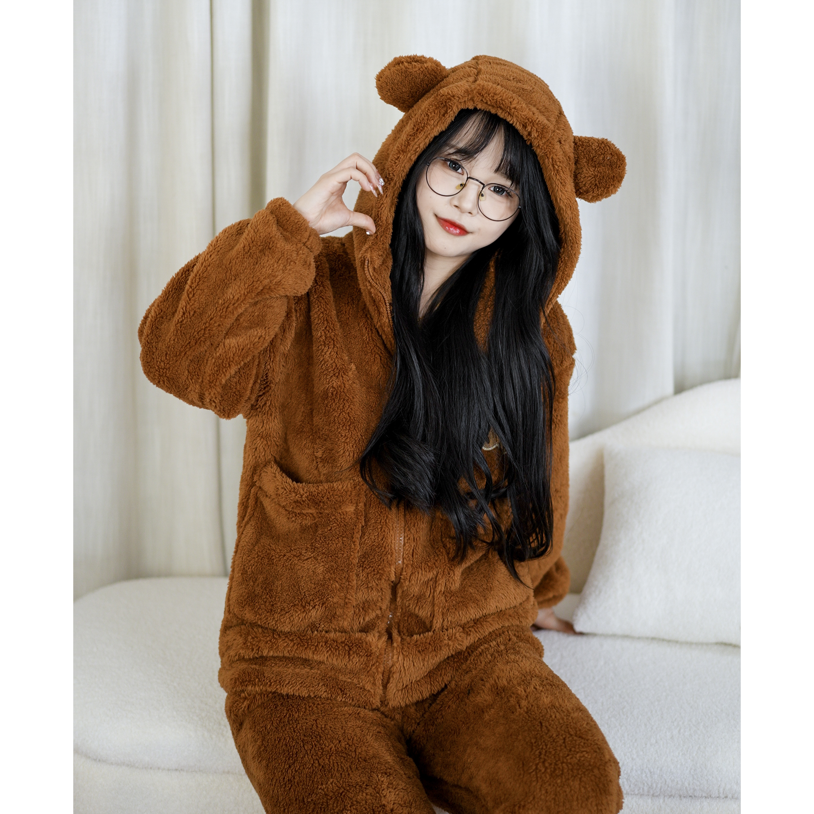 美拉德小熊连帽厚款女装睡衣家居服套装保暖冬天套装宽松时尚百搭