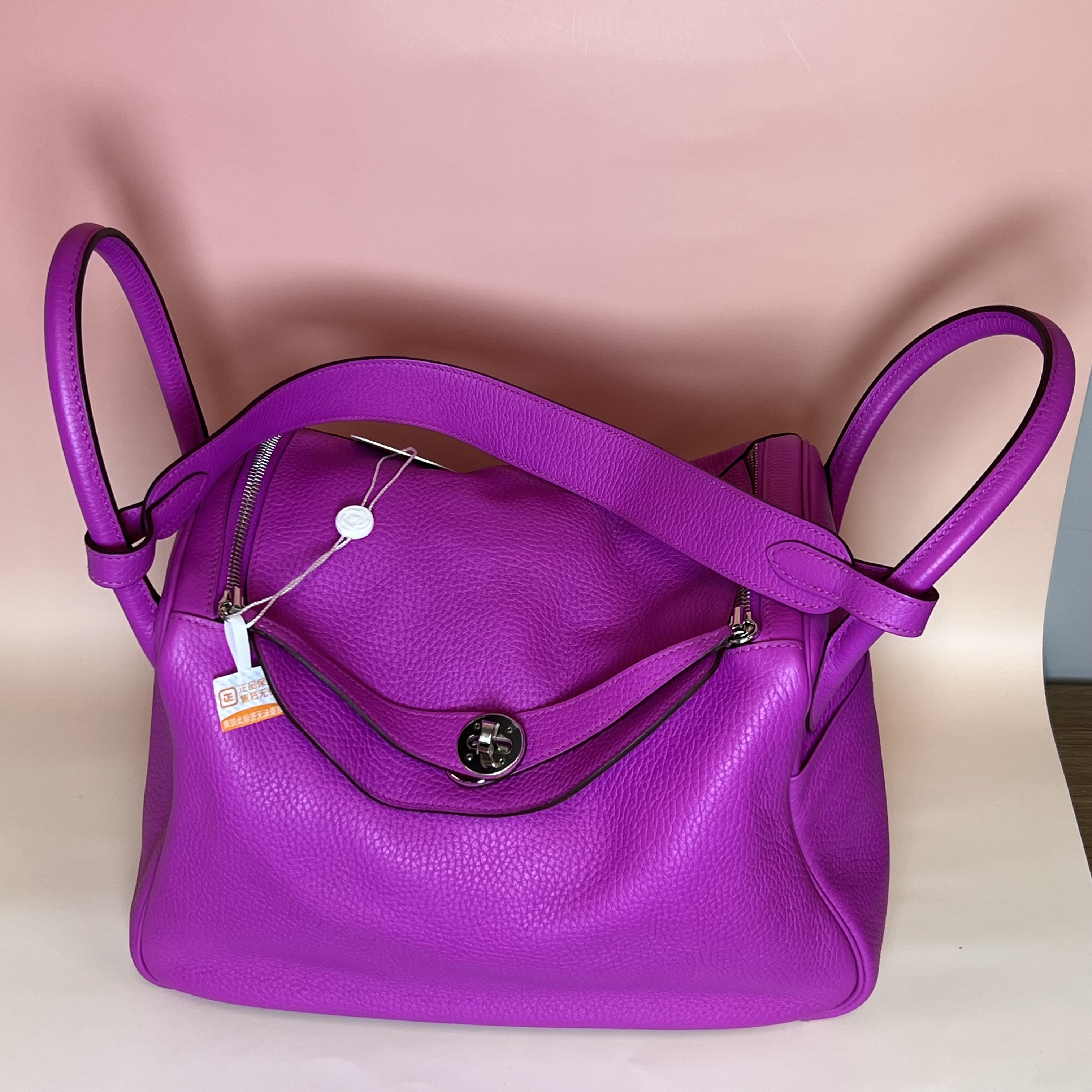 99新 Hermes/爱马仕 lindy30玫瑰紫银扣C刻手提包250407VLLLX05