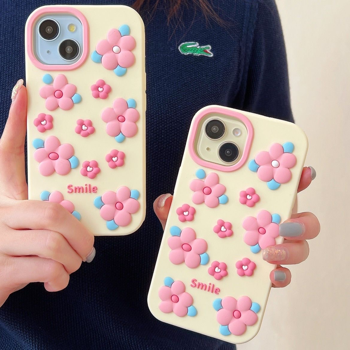 【适用苹果】女款可爱smile粉色花朵iPhone17P卡通立体软硅胶手机壳