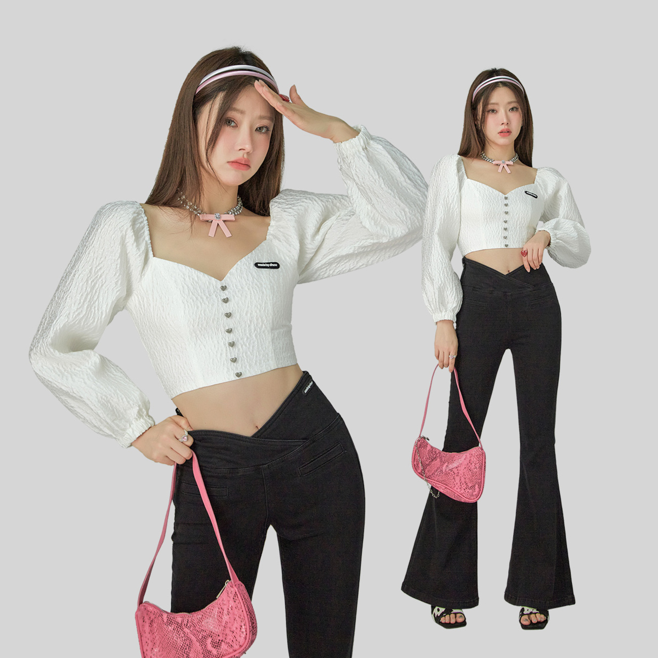 【达人专属】CHUU露锁骨长袖上衣女修身显瘦短款雪纺衫-Q