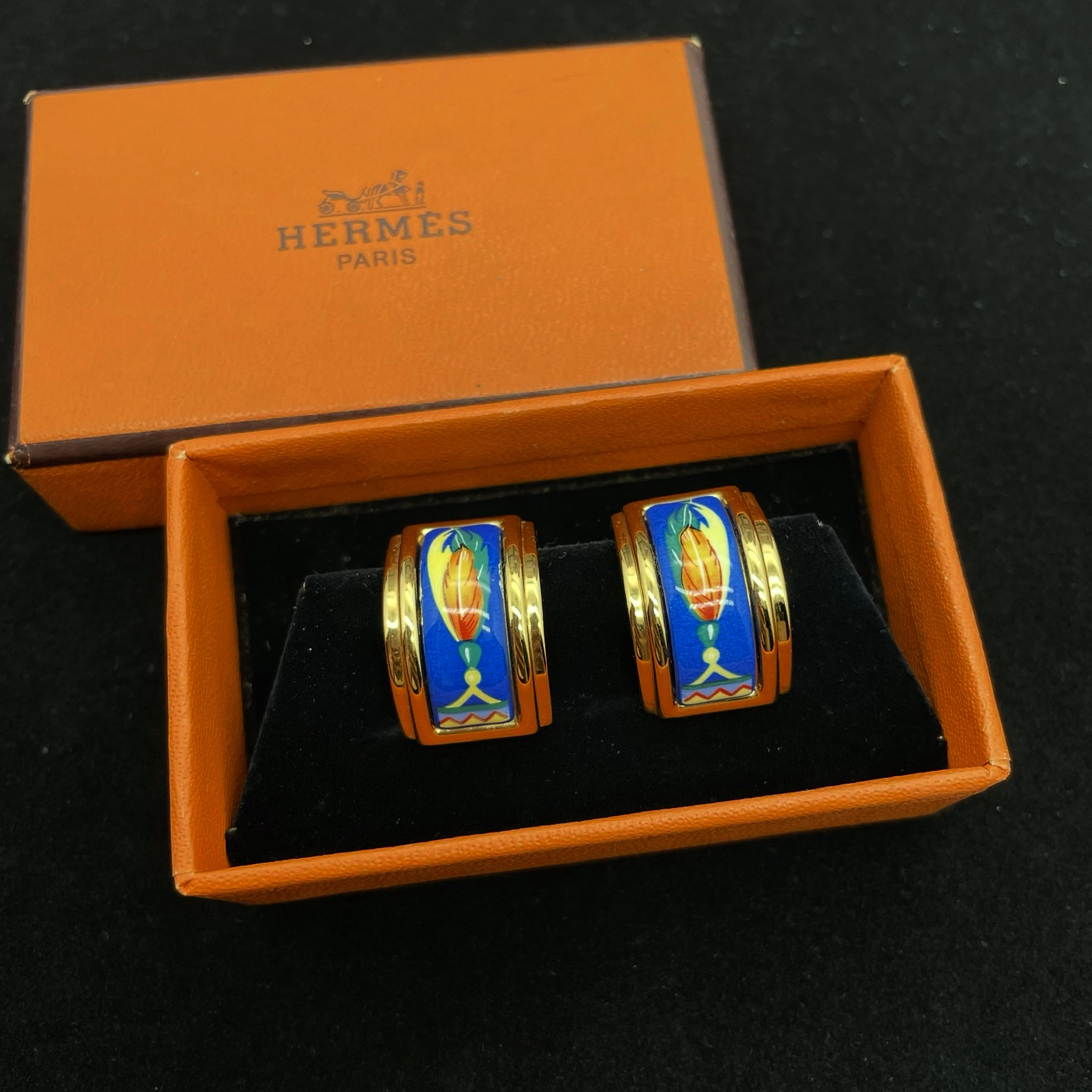 95新 Hermes/爱马仕 蓝金色羽毛耳夹/ams00474