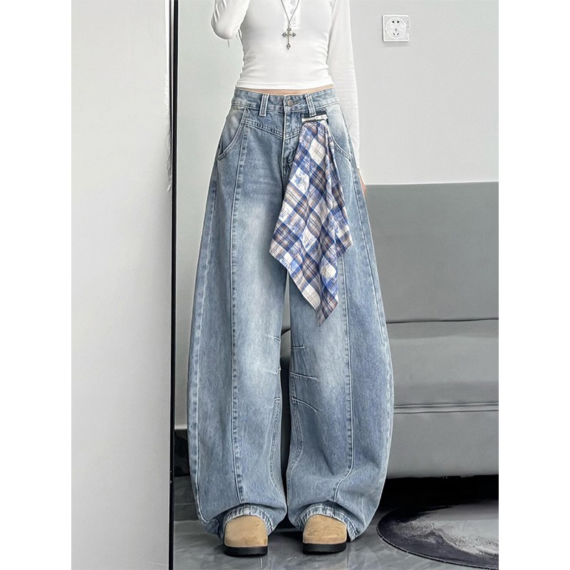 设计感方巾弯刀牛仔裤女冬季新款美式高街宽松阔腿显瘦直筒长裤子