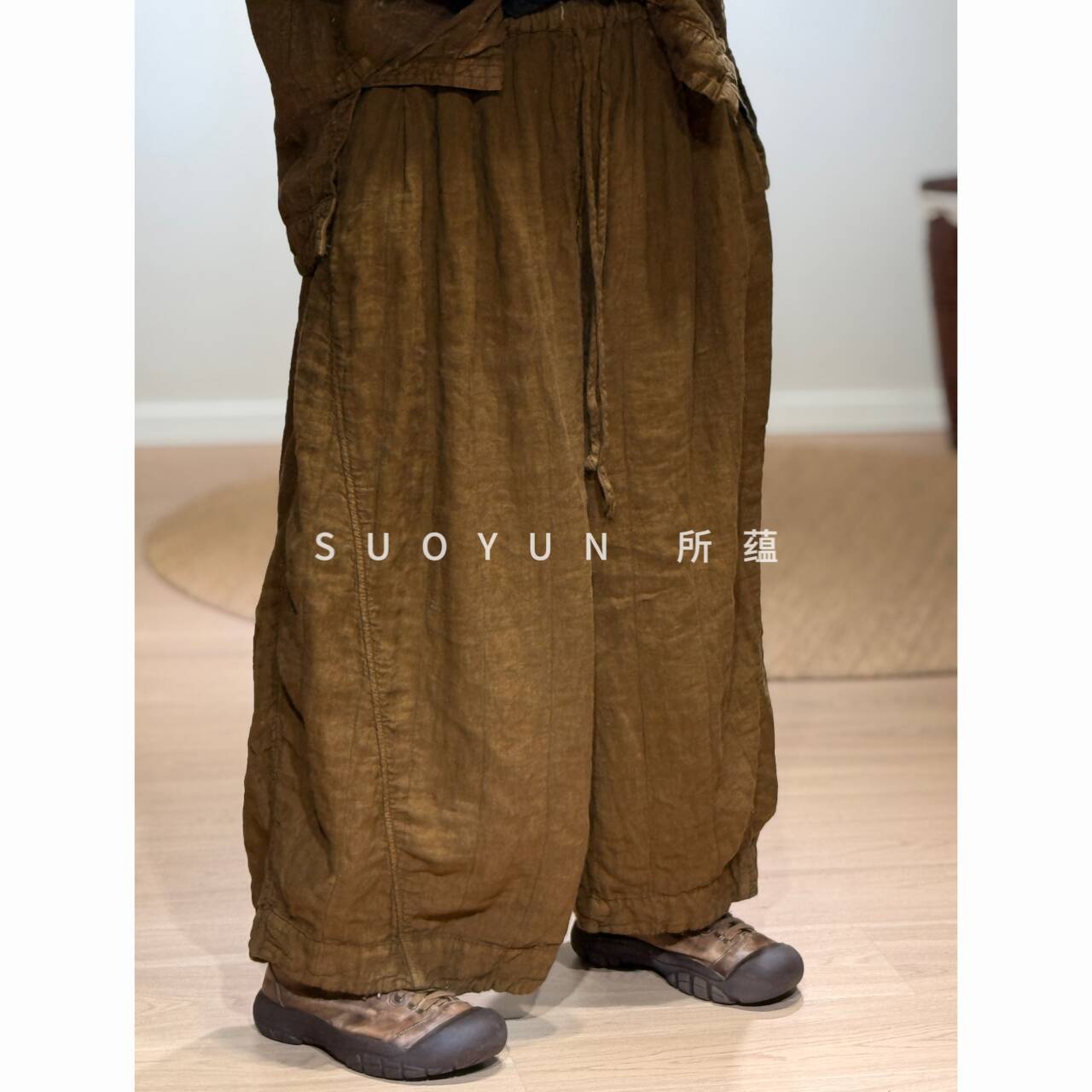 所蕴早春精选双层亚麻植物染松紧腰重工做旧休闲女裤K1