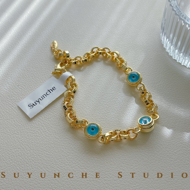 铜合金合成锆石手链 Suyunche2371绿金色时尚蓝眼古巴链手链