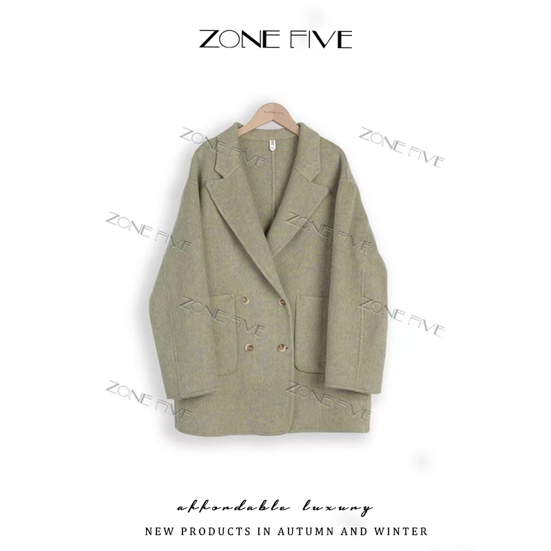 【zonefive】新款双面呢大衣女短款枪驳领双排扣显瘦宽松8501