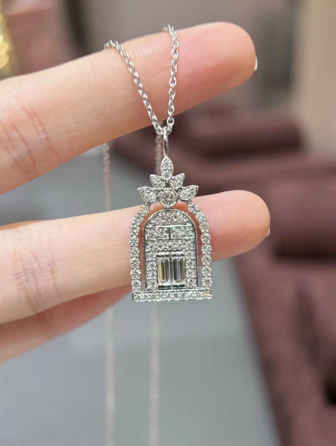 Meizuo珠宝·18k金天然钻石满钻幸福之门项链重金重工