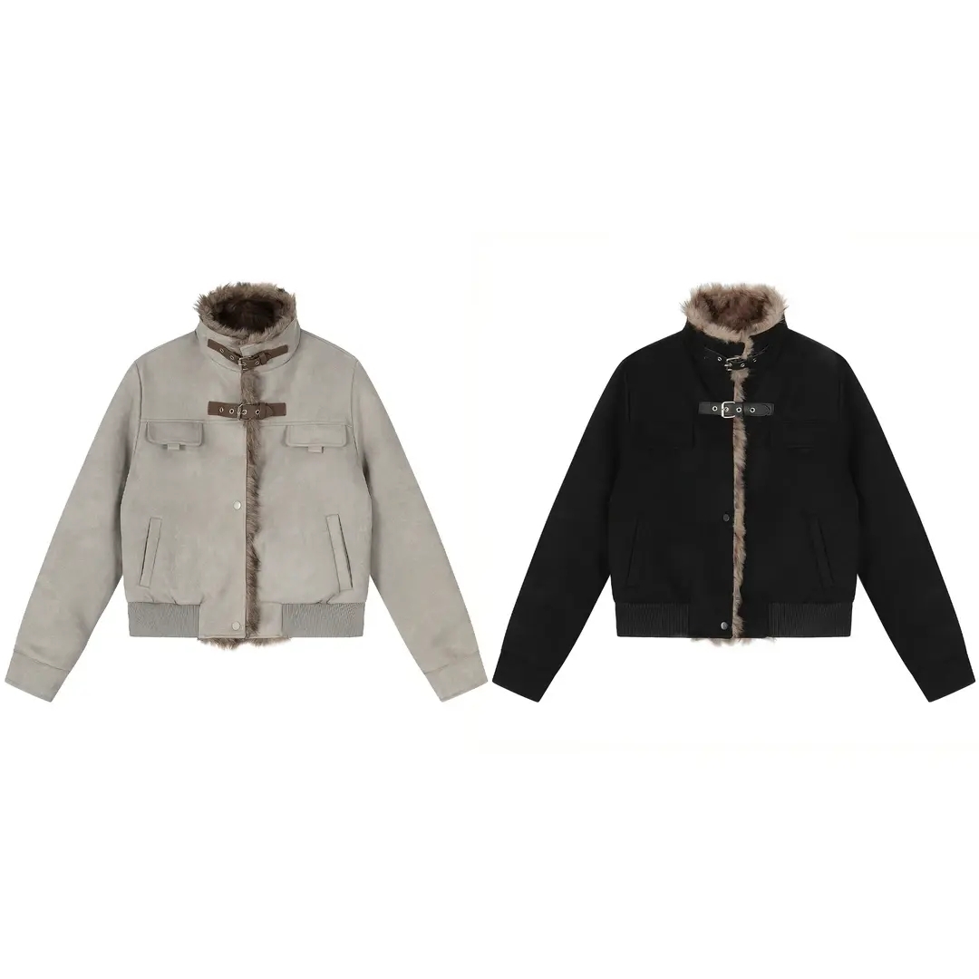 美式毛领拼接立领仿麂皮绒棉衣加绒加厚宽松夹克男女外套