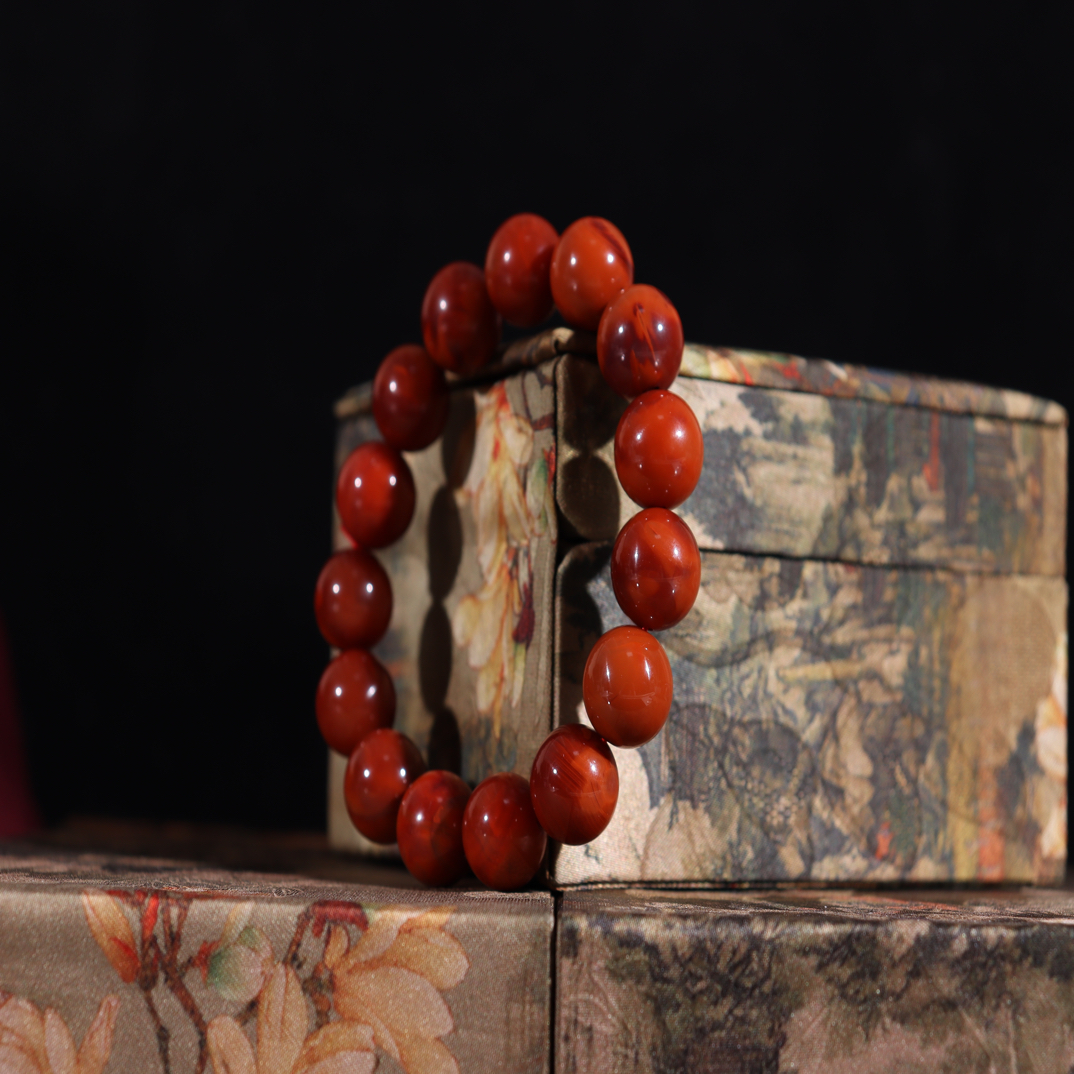 川料南红原矿柿子红火焰纹大圆珠素串单圈
