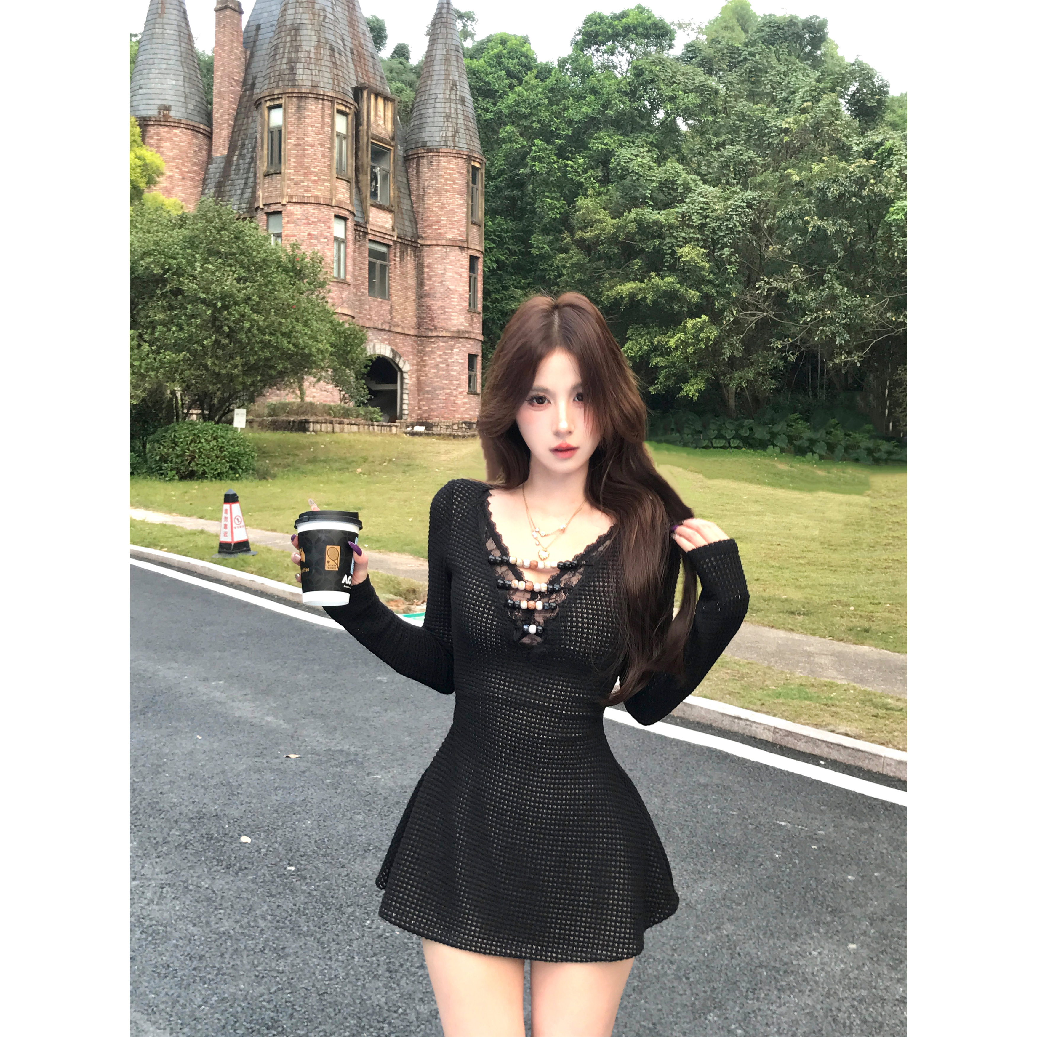 Mejiu蜜九【雾缠意柔】黑色镂空显瘦纯欲性感小众连衣裙