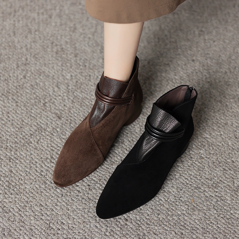 老钱风必备女鞋短靴2025秋冬新款绒面软皮裸靴靴子粗跟时尚马丁靴