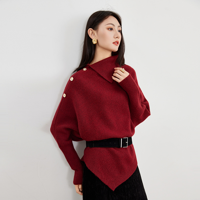 长袖针织高领女开衫毛针织衫加厚法式珍珠红色毛衣RL25437R006